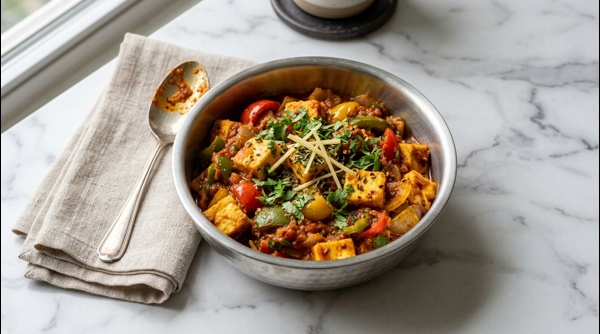 Restaurant style Kadai Paneer served in a traditional copper bowl with fresh ginger garnish