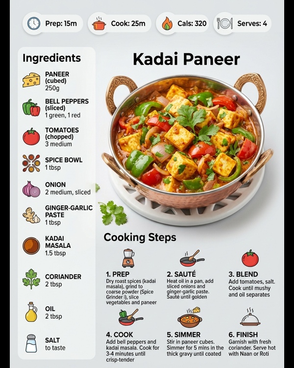 Restaurant style Kadai Paneer served in a traditional copper bowl with fresh ginger garnish