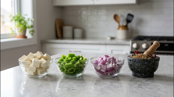Freshly roasted whole spices being ground in a stone mortar for Kadai Paneer