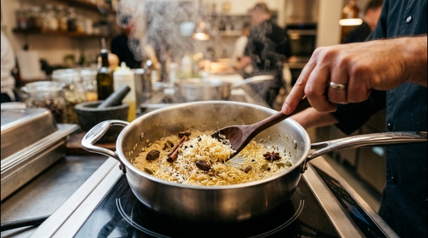Close up of Kashmiri Pulao with saffron streaks and fresh fruit garnish Close up of Kashmiri Pulao with saffron streaks and fresh fruit garnish