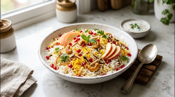 A premium bowl of Kashmiri Pulao garnished with pomegranate seeds and fried nuts A premium bowl of Kashmiri Pulao garnished with pomegranate seeds and fried nuts