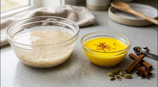 Washed basmati rice soaking in a glass bowl next to saffron milk Washed basmati rice soaking in a glass bowl next to saffron milk