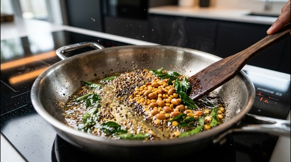 The final lemon rice dish garnished with fresh coriander in a modern ceramic bowl