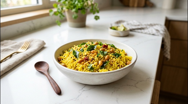 A vibrant plate of yellow lemon rice garnished with fresh curry leaves and crunchy peanuts on a white plate