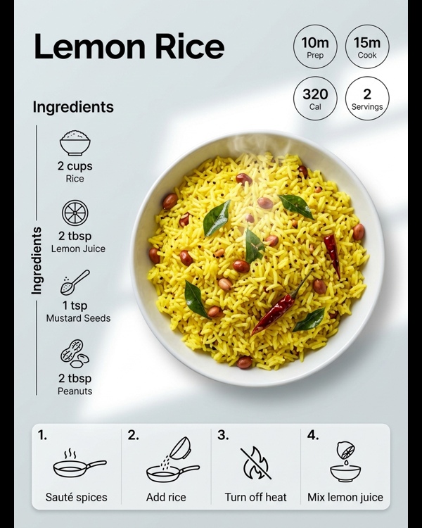 A vibrant plate of yellow lemon rice garnished with fresh curry leaves and crunchy peanuts on a white plate