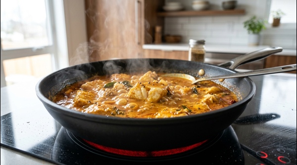 Final stage of Malabar fish curry simmering with thick coconut milk and curry leaves