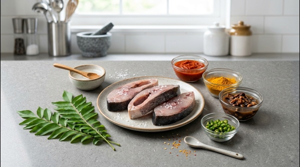 Fresh fish pieces and spice paste ready for cooking on a marble counter
