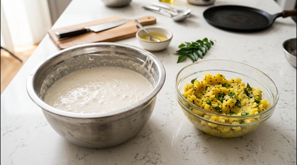 A smooth white dosa batter being poured into a stainless steel bowl for fermentation