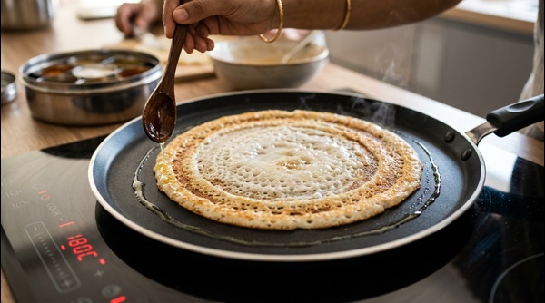 A perfectly folded crispy masala dosa served with bowls of chutney and sambar on a modern table