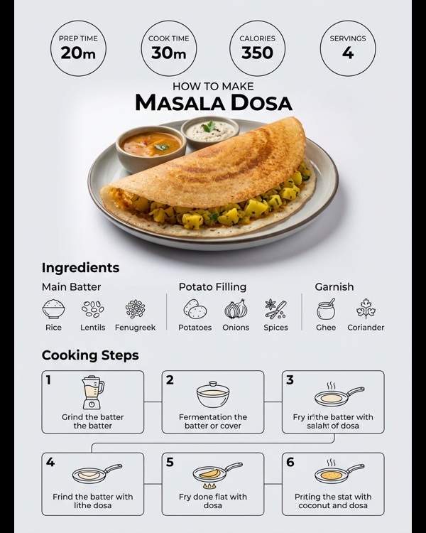 A golden brown crispy masala dosa served on a white plate with coconut chutney and sambar