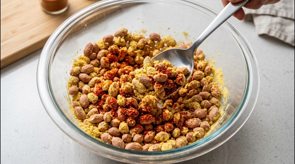 Mixing raw peanuts with gram flour and spices in a clear glass bowl