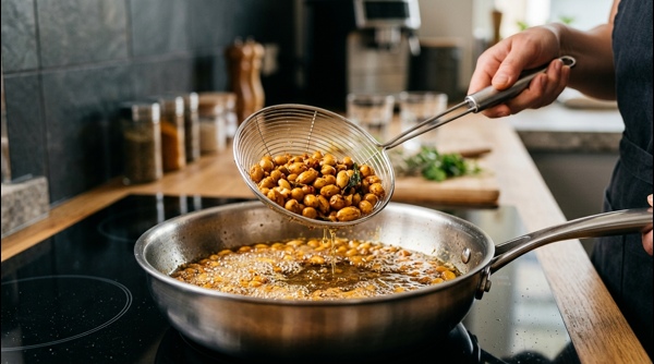 A close up of golden brown fried masala peanuts served in a modern ceramic bowl
