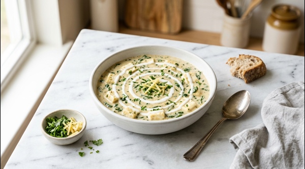 Creamy Methi Malai Paneer served in a white ceramic bowl with fresh cream swirl
