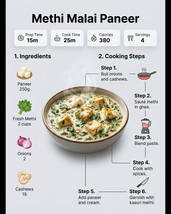 Creamy Methi Malai Paneer served in a white ceramic bowl with fresh cream swirl