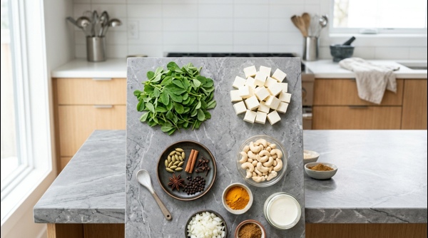 Smooth white onion and cashew paste being simmered in a modern pan
