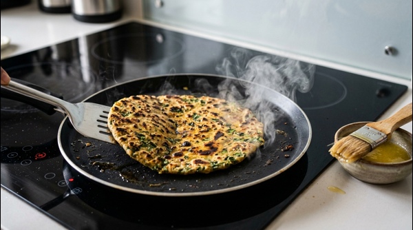 A golden brown methi paratha being flipped on a modern flat pan with a spatula A golden brown methi paratha being flipped on a modern flat pan with a spatula