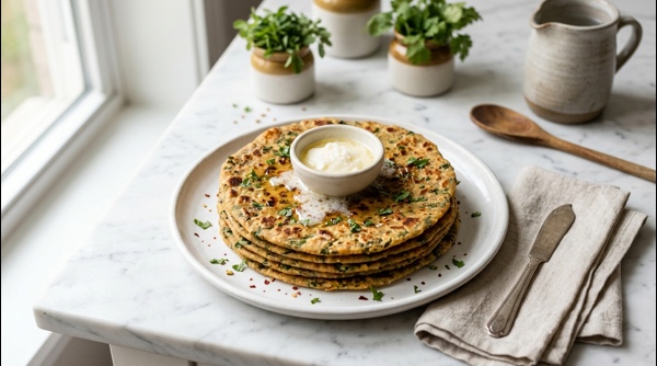 Freshly cooked Methi Paratha served with white butter and spicy pickle on a modern plate Freshly cooked Methi Paratha served with white butter and spicy pickle on a modern plate