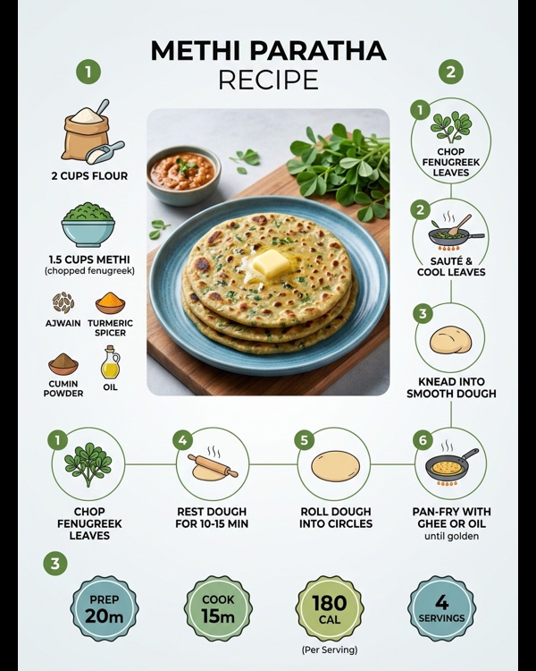 Freshly cooked Methi Paratha served with white butter and spicy pickle on a modern plate Freshly cooked Methi Paratha served with white butter and spicy pickle on a modern plate