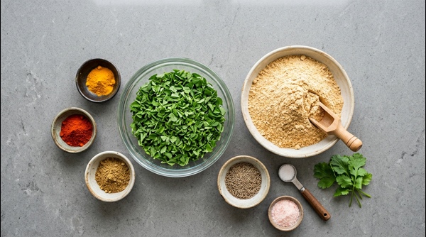 Mixing fresh chopped methi leaves and spices into whole wheat flour in a modern bowl Mixing fresh chopped methi leaves and spices into whole wheat flour in a modern bowl