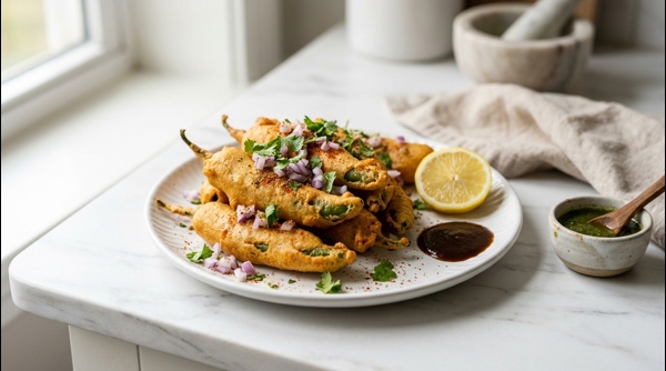 Plated crispy Mirchi Bajji served with onions and lemon on a modern marble countertop Plated crispy Mirchi Bajji served with onions and lemon on a modern marble countertop
