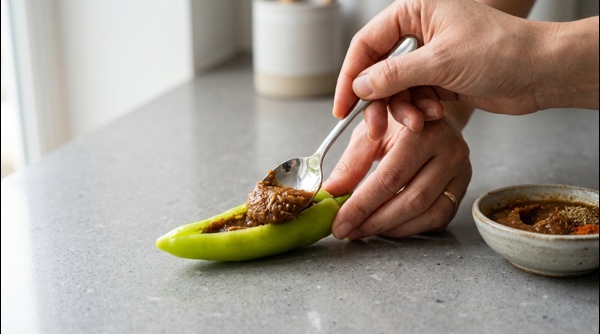 Close up of a hand stuffing a slit green chili with tamarind paste on a clean quartz surface Close up of a hand stuffing a slit green chili with tamarind paste on a clean quartz surface