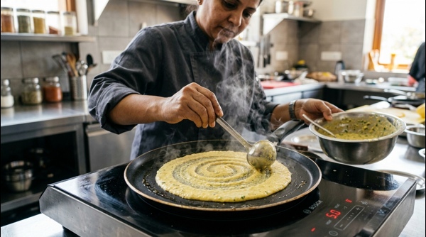 Spreading Moong Dal Chilla batter on a modern non-stick tawa
