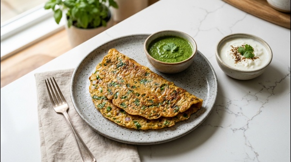 Golden brown crispy Moong Dal Chilla served with green chutney and yogurt on a white plate