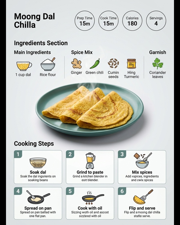 Golden brown crispy Moong Dal Chilla served with green chutney and yogurt on a white plate