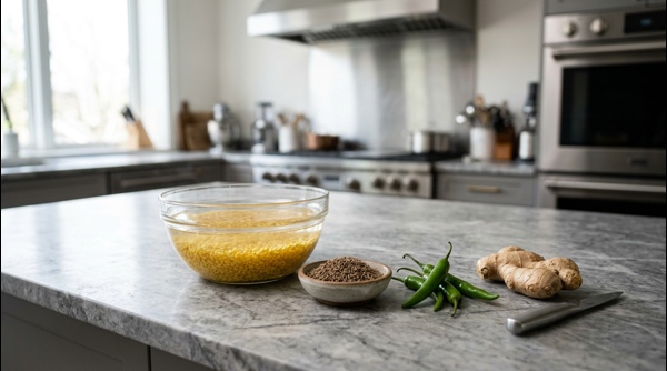 Soaked moong dal and fresh spices arranged in a modern kitchen setup
