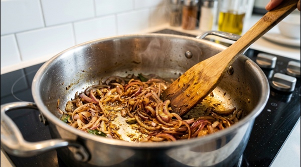 Final plated mutton curry with a rich red gravy and fresh green garnish Final plated mutton curry with a rich red gravy and fresh green garnish