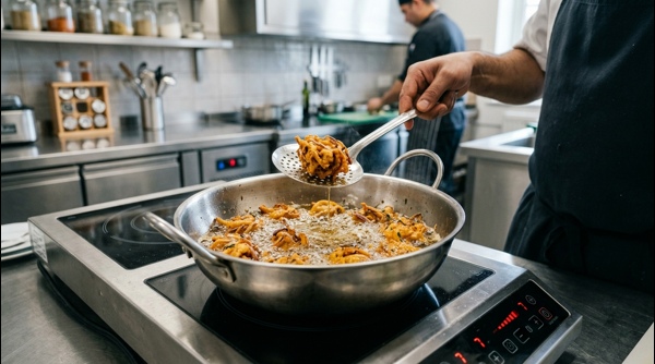 Golden brown onion pakodas being fried in hot oil in a modern pan