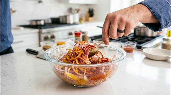 Thinly sliced onions being mixed with spices in a glass bowl