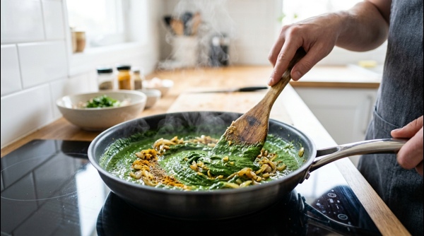 Adding a swirl of fresh white cream to the green palak paneer curry in a modern pan