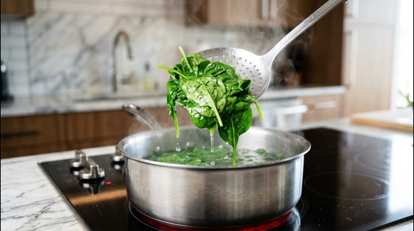 Blanching fresh green spinach leaves in a stainless steel pot on a modern stove