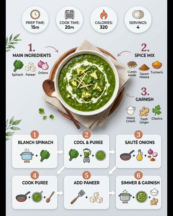 A bowl of vibrant green palak paneer topped with a swirl of fresh cream and ginger julienne