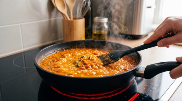 A wooden spoon stirring the bright orange gravy in a modern black pan A wooden spoon stirring the bright orange gravy in a modern black pan