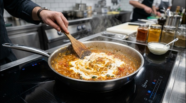 Adding fresh cream to the simmering Paneer Lababdar gravy in a modern pan Adding fresh cream to the simmering Paneer Lababdar gravy in a modern pan