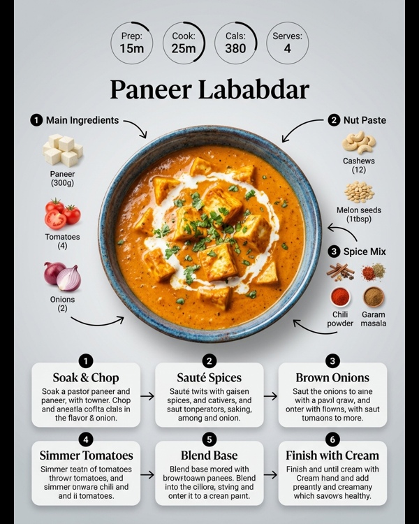 A rich and creamy bowl of Paneer Lababdar garnished with fresh cream and ginger juliennes A rich and creamy bowl of Paneer Lababdar garnished with fresh cream and ginger juliennes