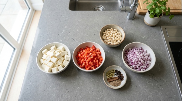 Diced paneer, chopped tomatoes, and soaked cashews on a modern white marble countertop Diced paneer, chopped tomatoes, and soaked cashews on a modern white marble countertop