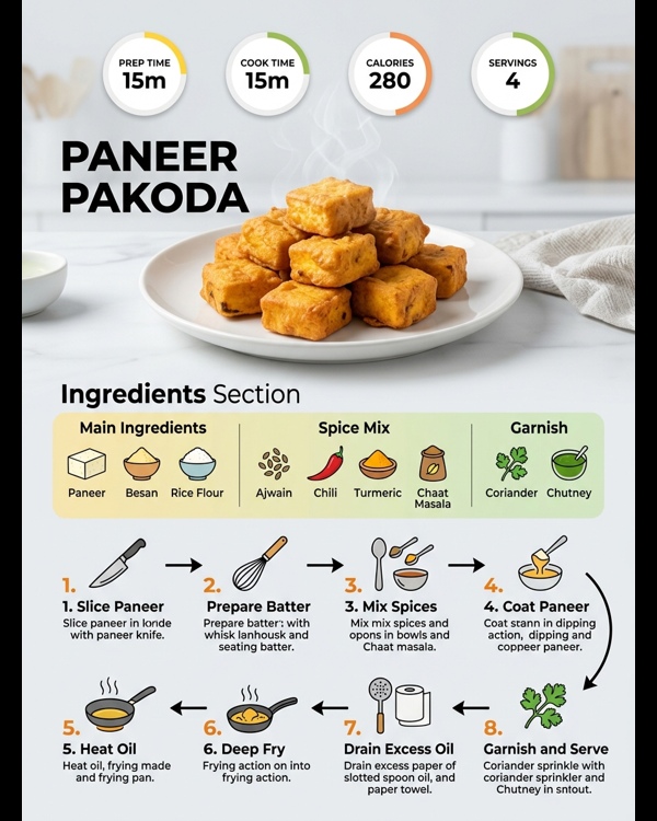 Crispy golden Paneer Pakoda served on a white plate with mint chutney and tamarind sauce