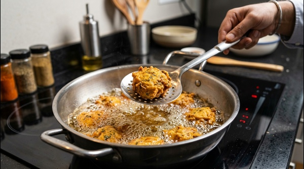 Golden brown paneer pakodas being lifted out of hot oil with a metal slotted spoon