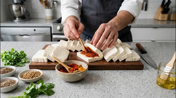 Slicing paneer cubes and stuffing them with a red spice mix on a clean marble counter