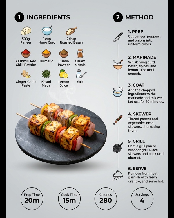 A platter of grilled paneer tikka with charred edges and mint chutney