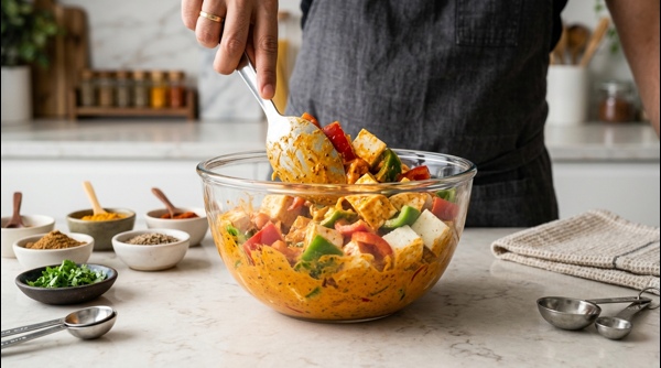 Close up of paneer cubes and peppers being marinated in a spicy yogurt mixture