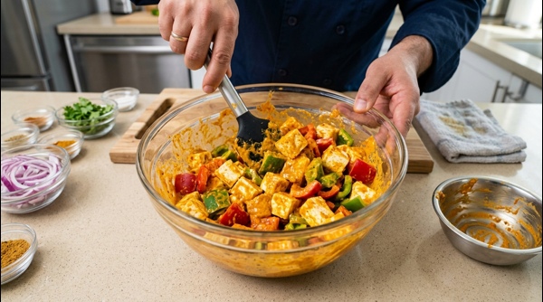 Coating paneer and vegetables in a thick orange yogurt marinade
