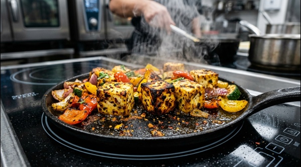 The final simmering stage of paneer tikka masala in a modern stainless steel pan