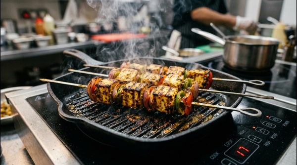 Hot grilled paneer tikka served on a modern white plate with lemon