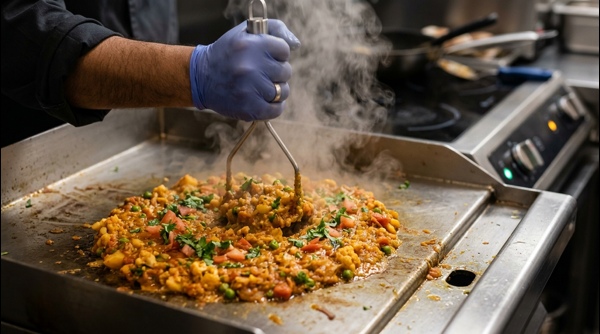 Buttered pav rolls next to a bowl of steaming hot spicy bhaji Buttered pav rolls next to a bowl of steaming hot spicy bhaji