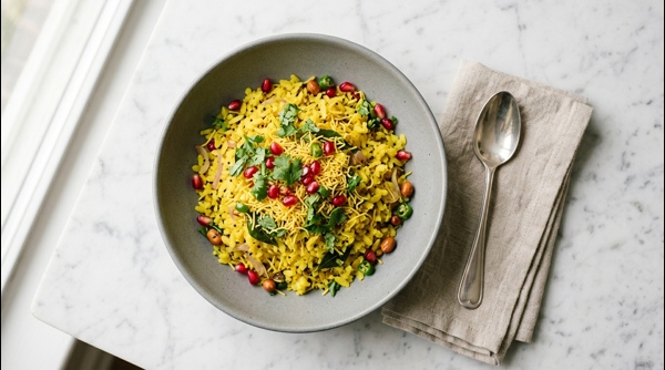 A beautiful plate of yellow poha garnished with fresh coriander and pomegranate seeds on a marble countertop