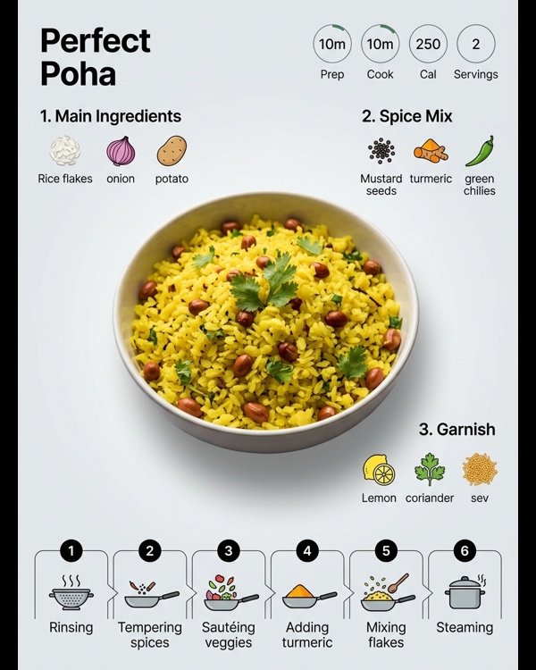 A beautiful plate of yellow poha garnished with fresh coriander and pomegranate seeds on a marble countertop